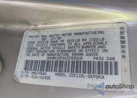 1999 Toyota Corolla Ce из США, поврежденный, VIN 1NXBR12E9XZ295028